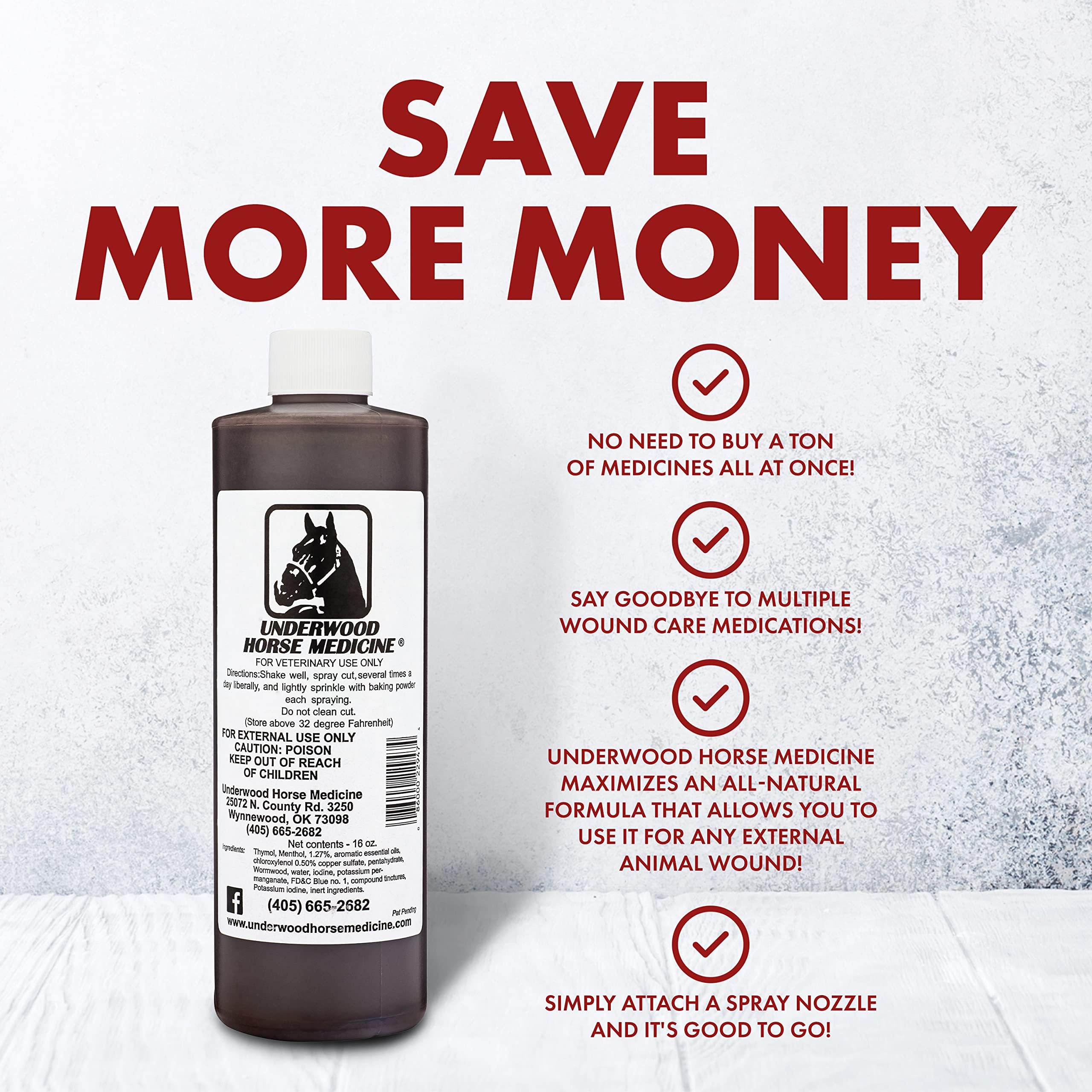 Underwood Horse Medicine wound spray for fences, stalls, pasture incidents — quick care on the go.