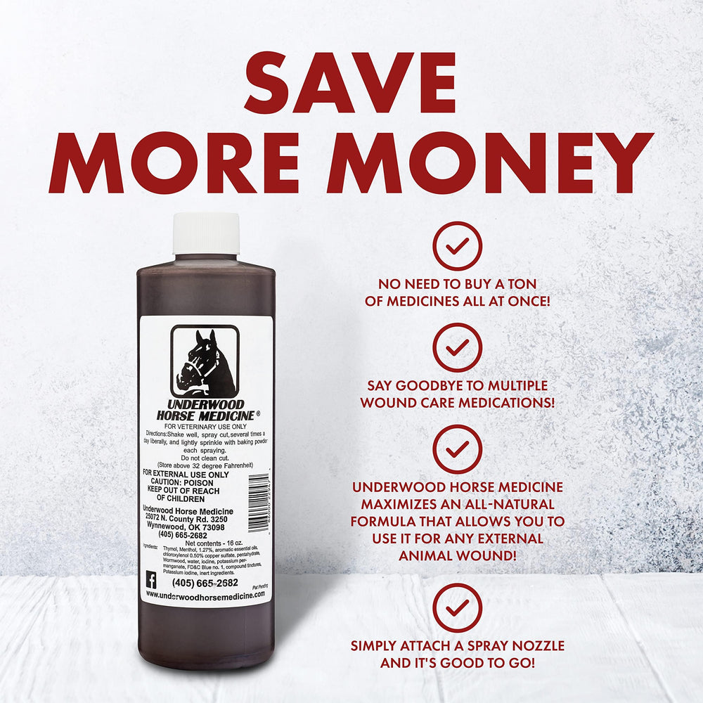 Underwood Horse Medicine wound spray for fences, stalls, pasture incidents — quick care on the go.