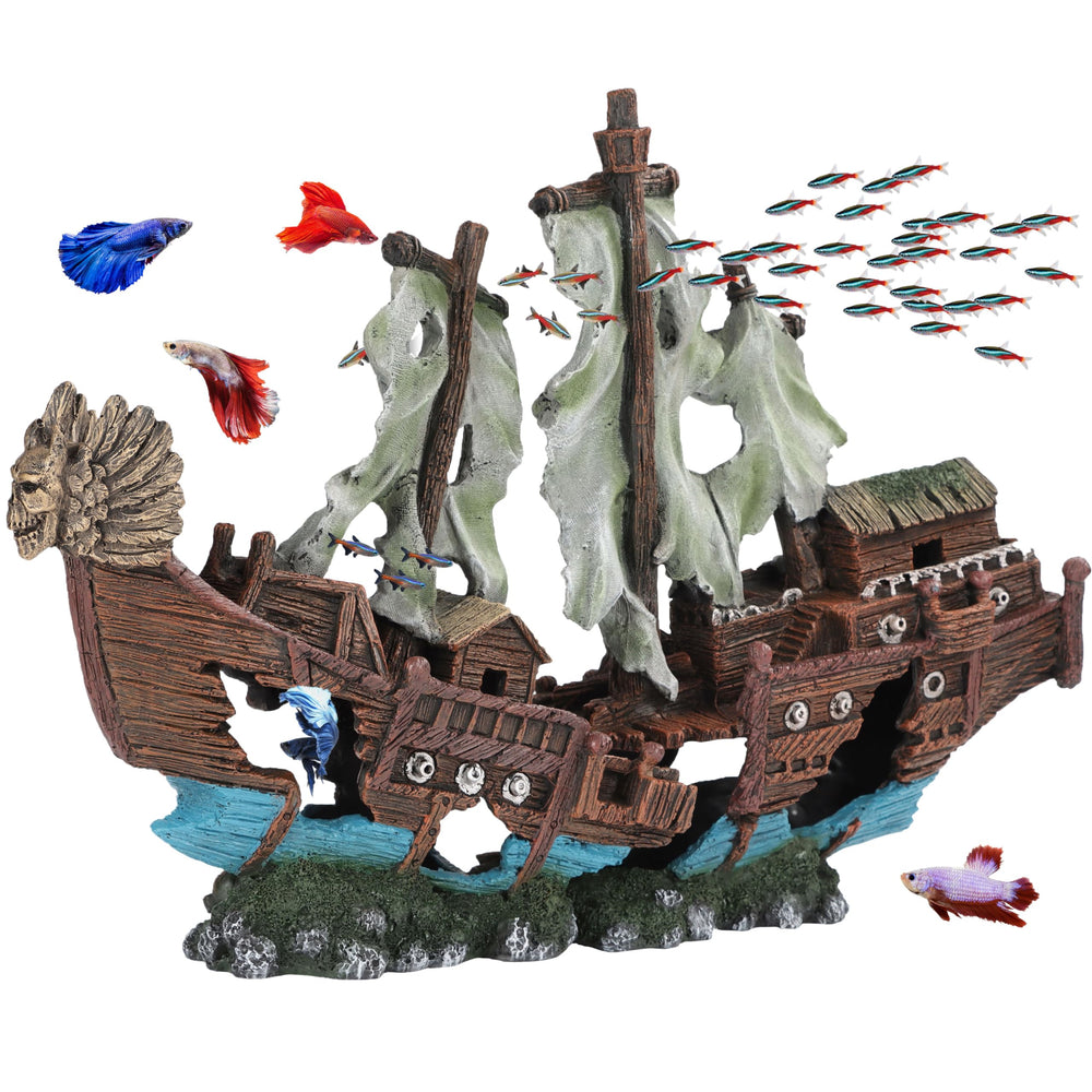 UNEAK large shipwreck ornament sails pair creates dramatic centerpiece with fish hiding spots.