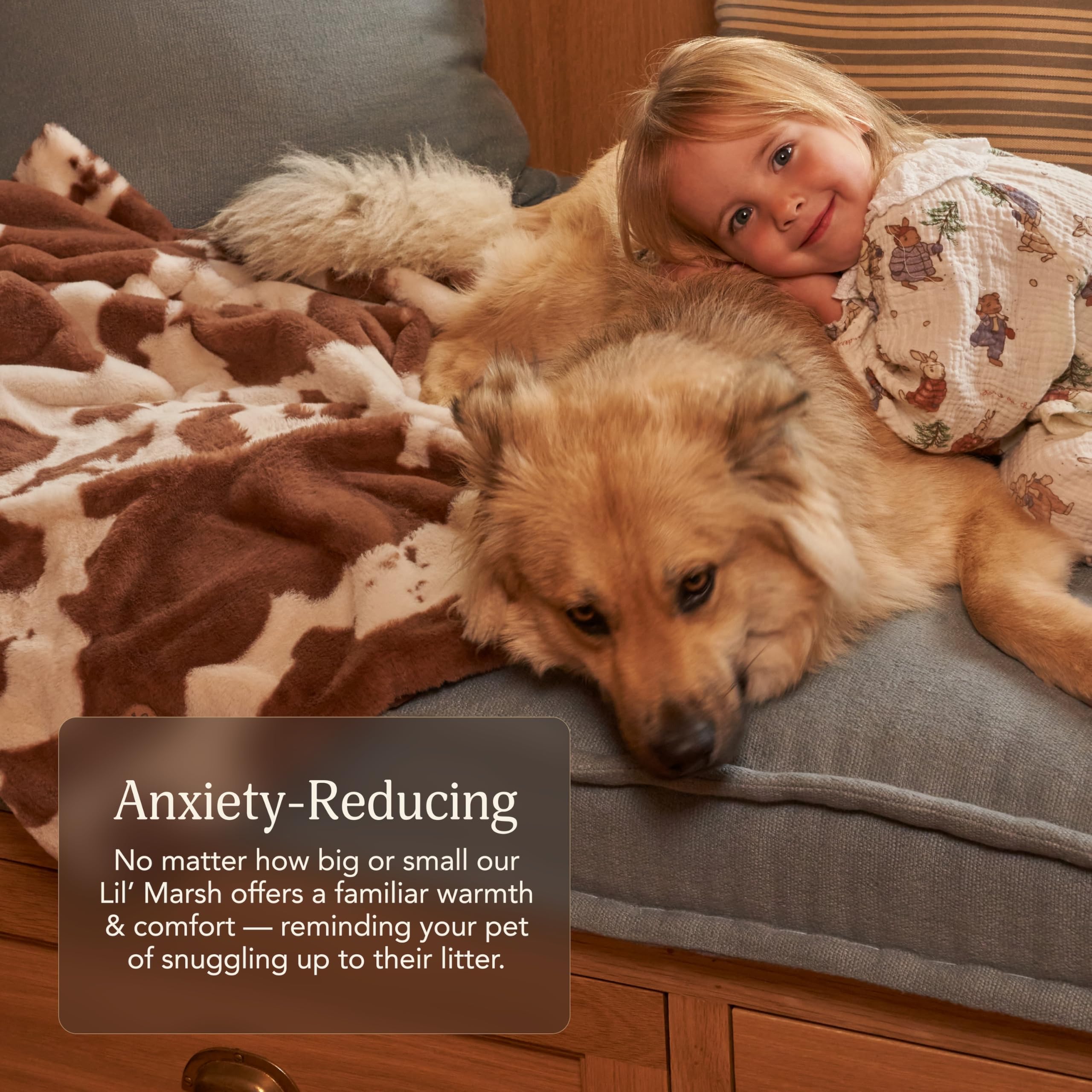 UnHide Lil’ Pet Marsh nap on bed highlights lightweight warmth and snuggle spot.