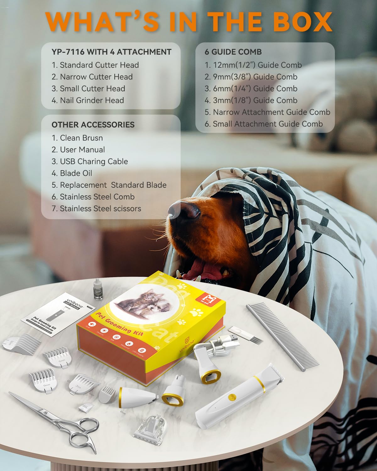Unibono dog grooming kit USB rechargeable enables cordless grooming anywhere