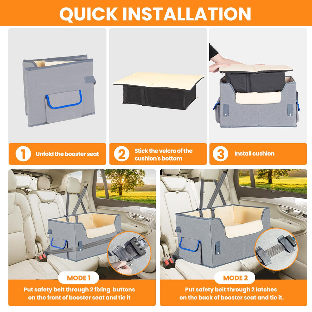 UNICITII booster seat features bottom storage for travel essentials.