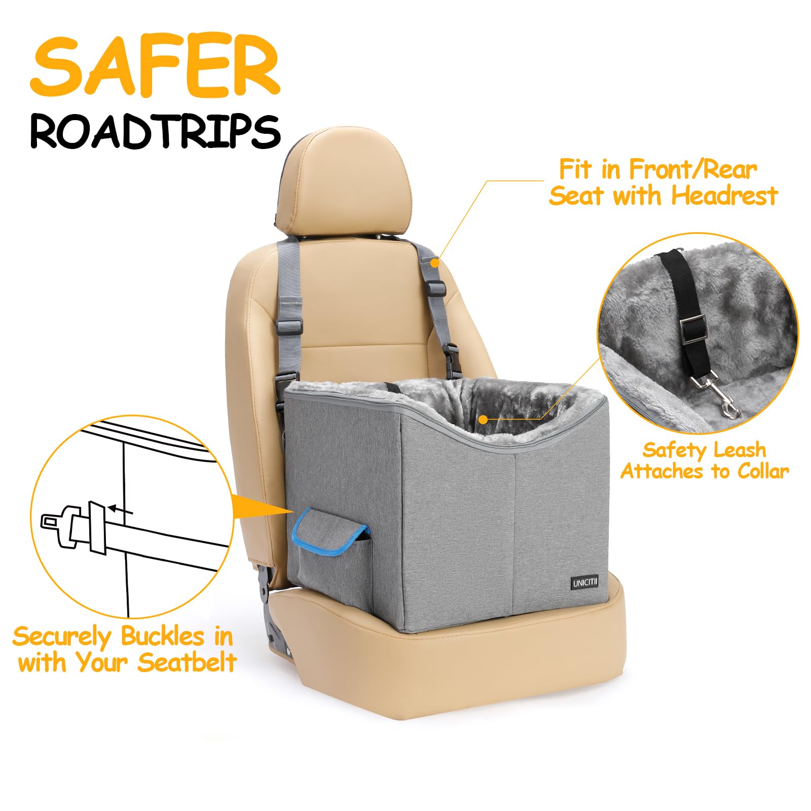 UNICITII dog car seat dimensions highlight compact size for small pets up to 20 lbs.