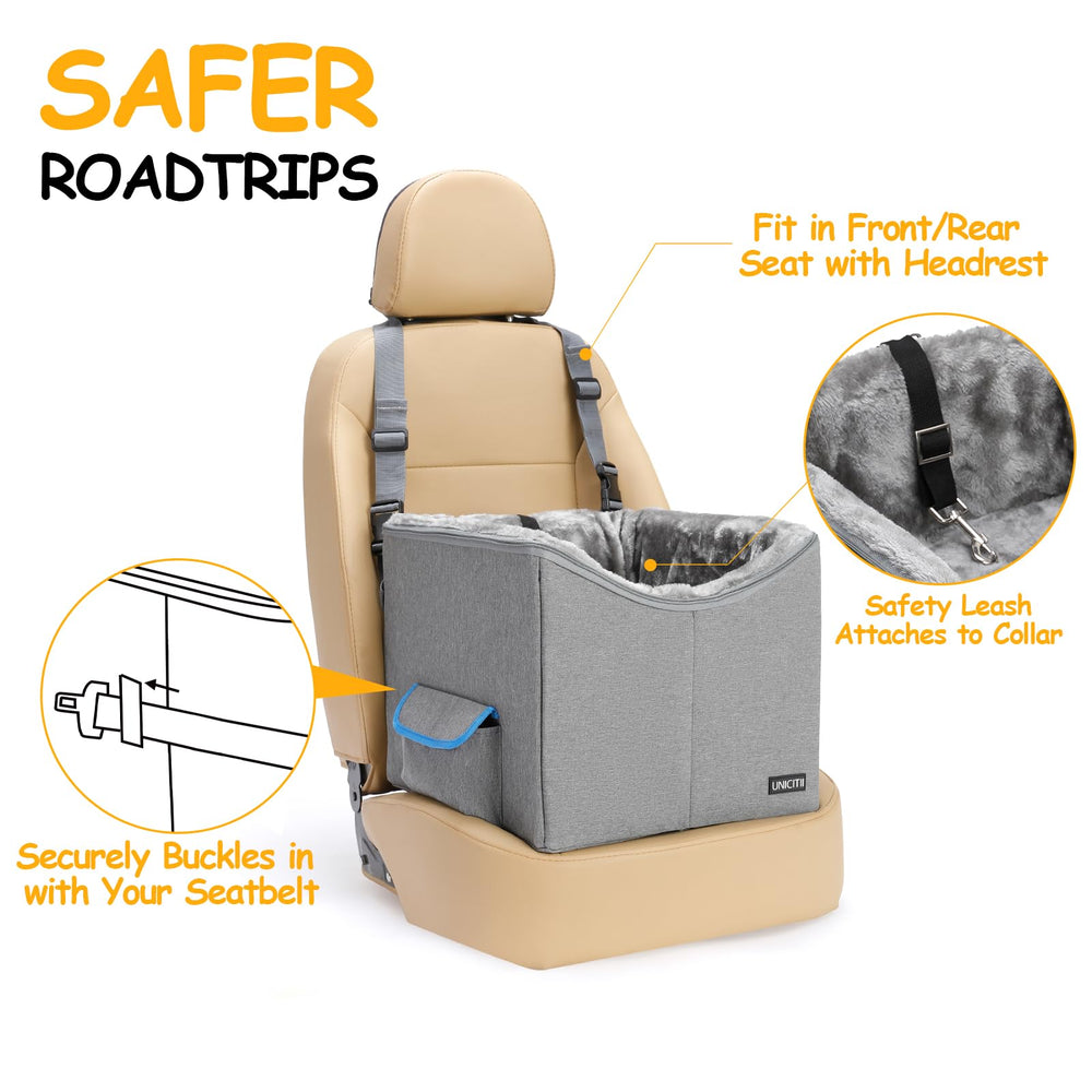 UNICITII dog car seat dimensions highlight compact size for small pets up to 20 lbs.