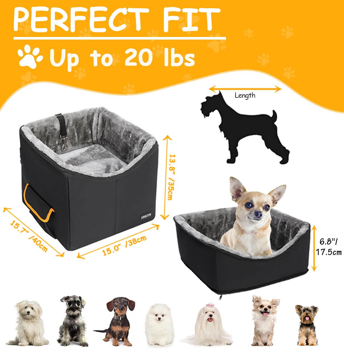 UNICITII dog car seat dimensions 15L x 15.7W x 13.8H for compact pet travel.