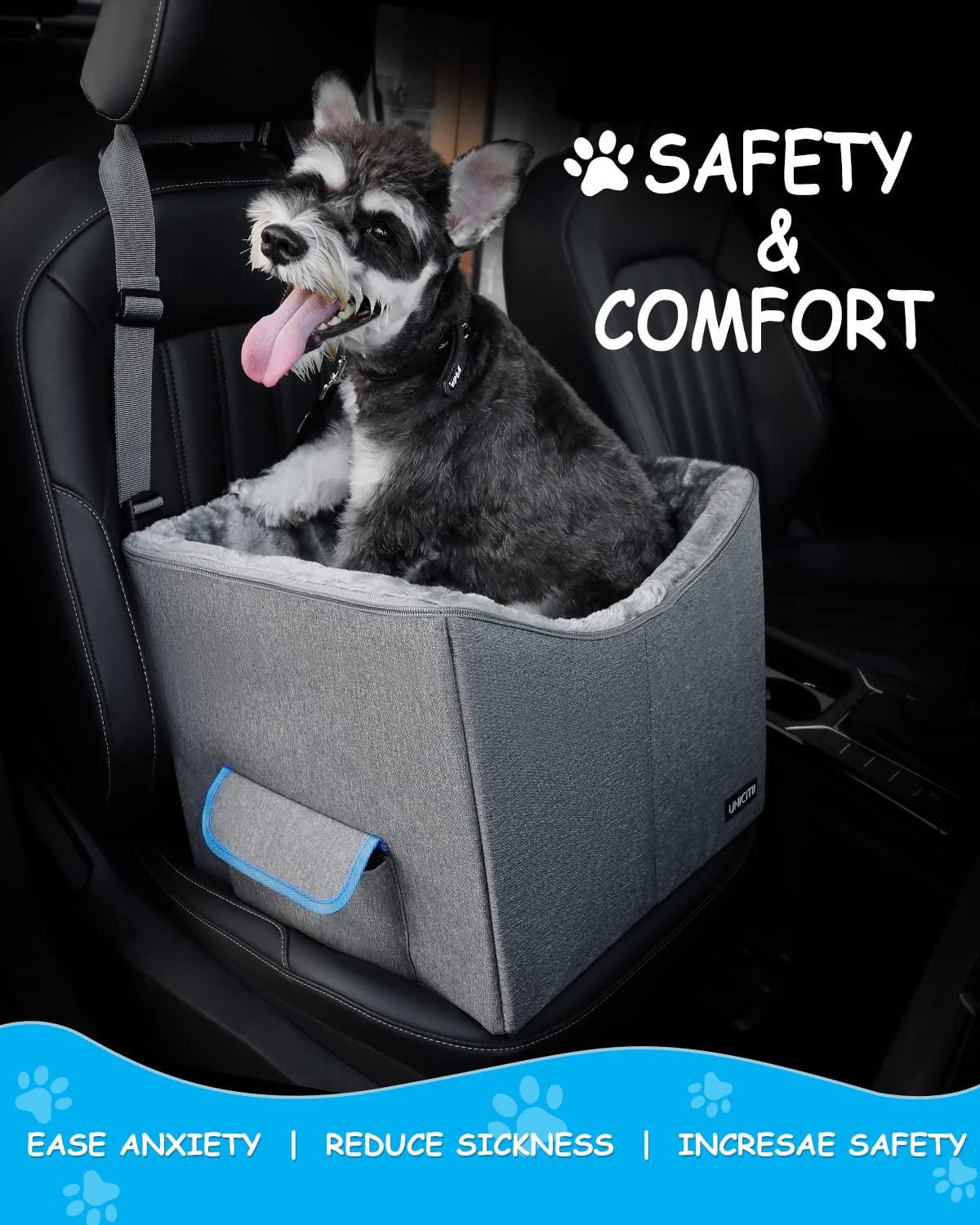 UNICITII dog car seat fits most vehicles thanks to adjustable straps and back latch.