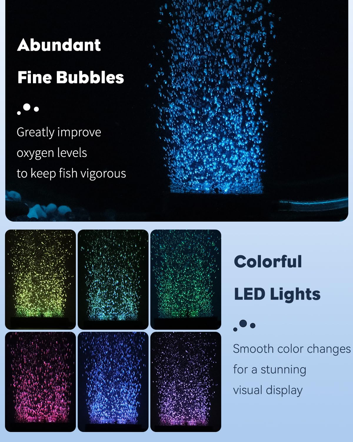 Uniclife air-stone bubbles provide dense, quiet aeration and improved water circulation.