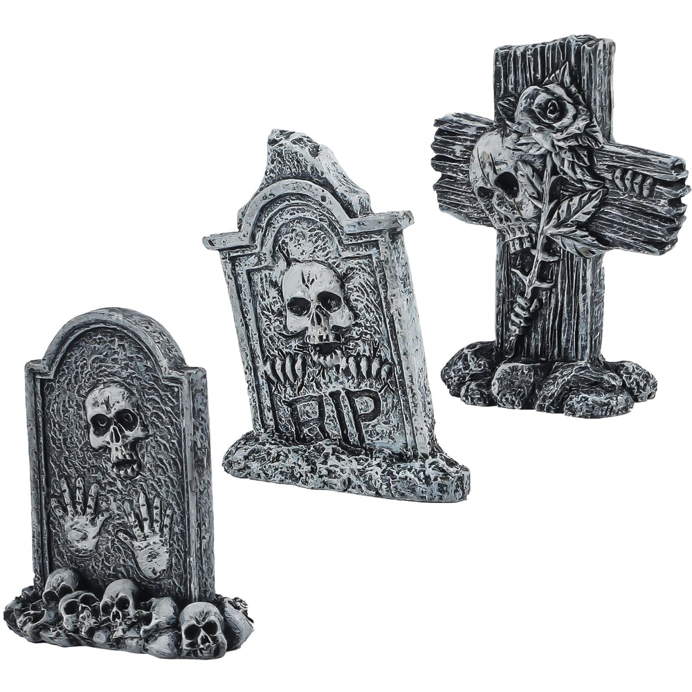 Uniclife Halloween tombstone mini 1 with weathered stone texture and skull detail for aquarium ambiance