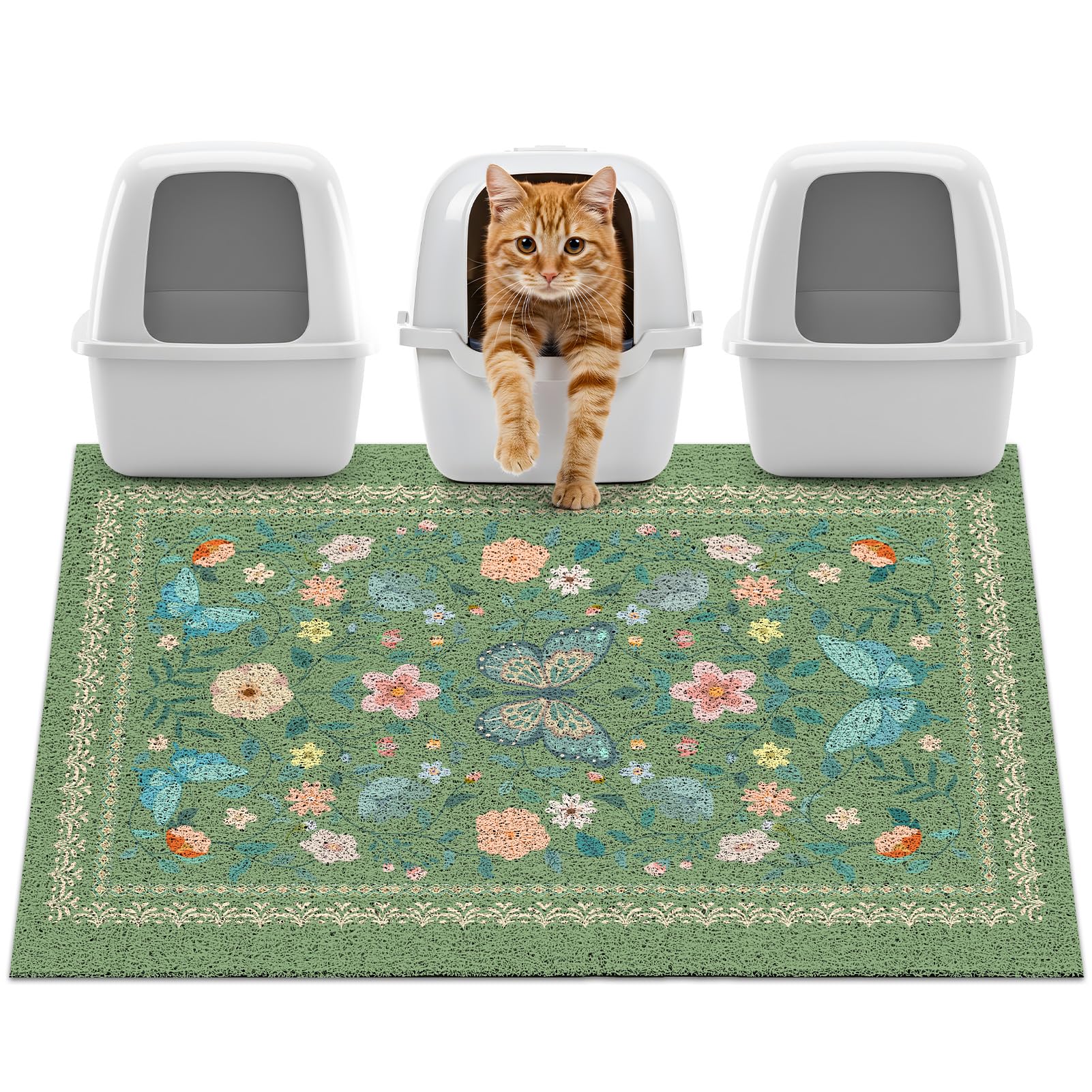 Unicorn Catcher 40x30 in cat litter mat covers floor to reduce spills.