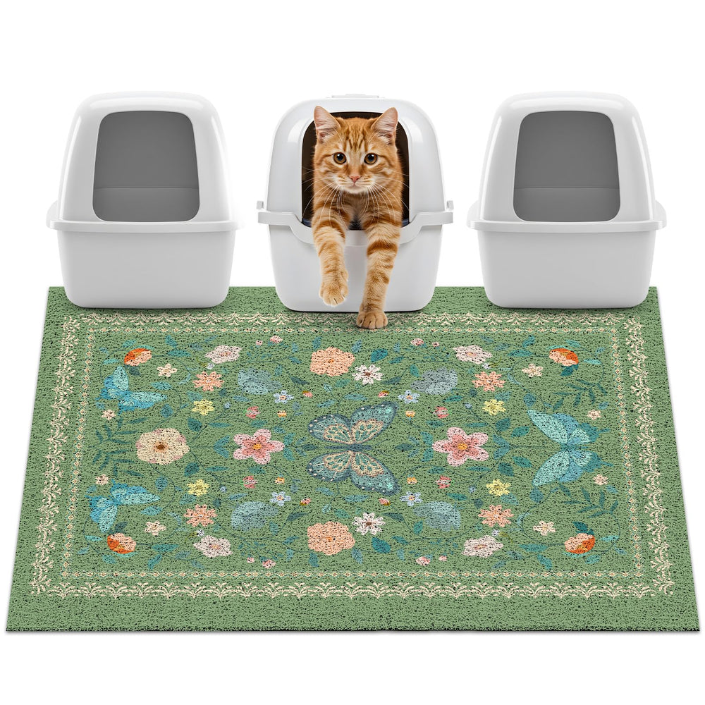 Unicorn Catcher 40x30 in cat litter mat covers floor to reduce spills.