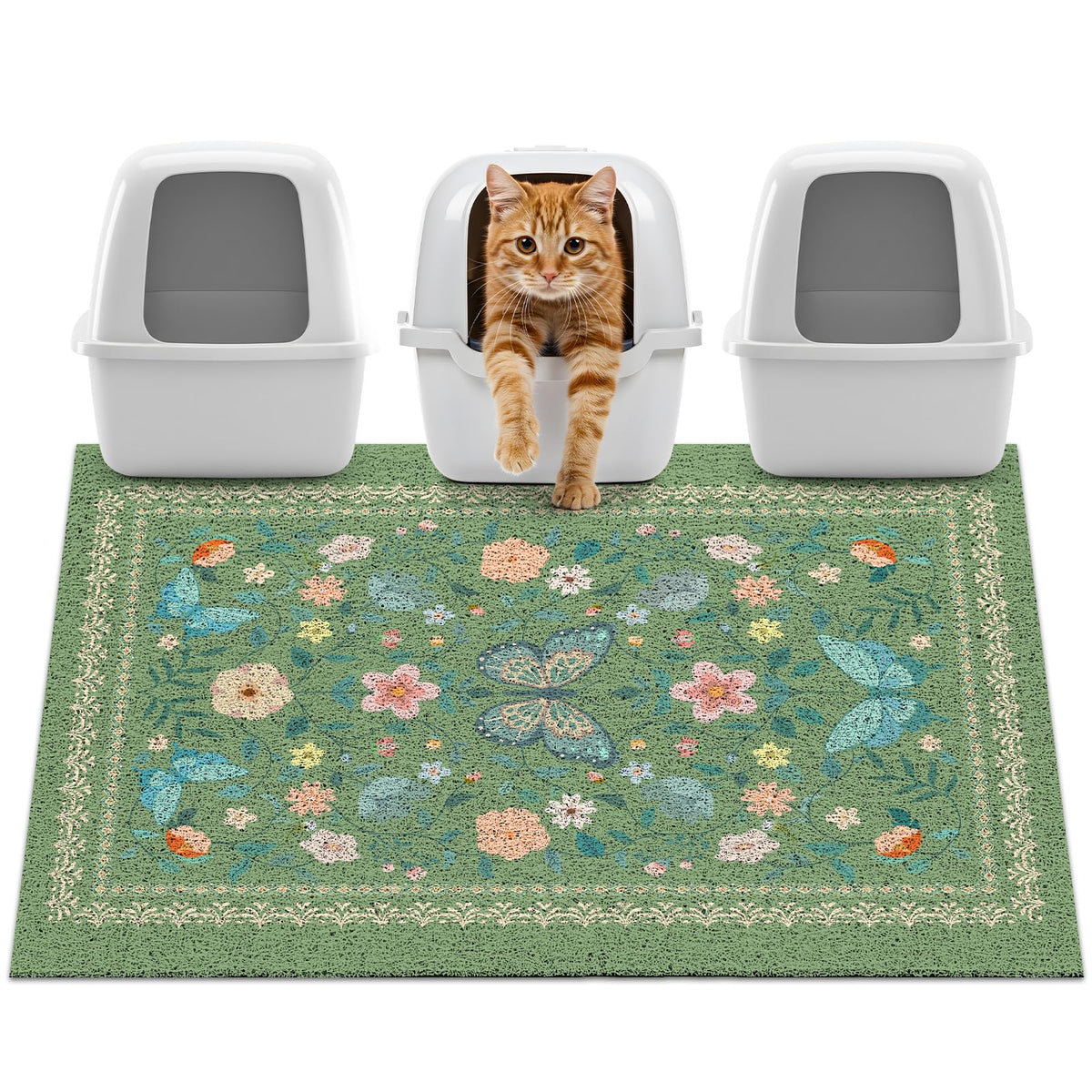 Unicorn Catcher 40x30 in cat litter mat covers floor to reduce spills.