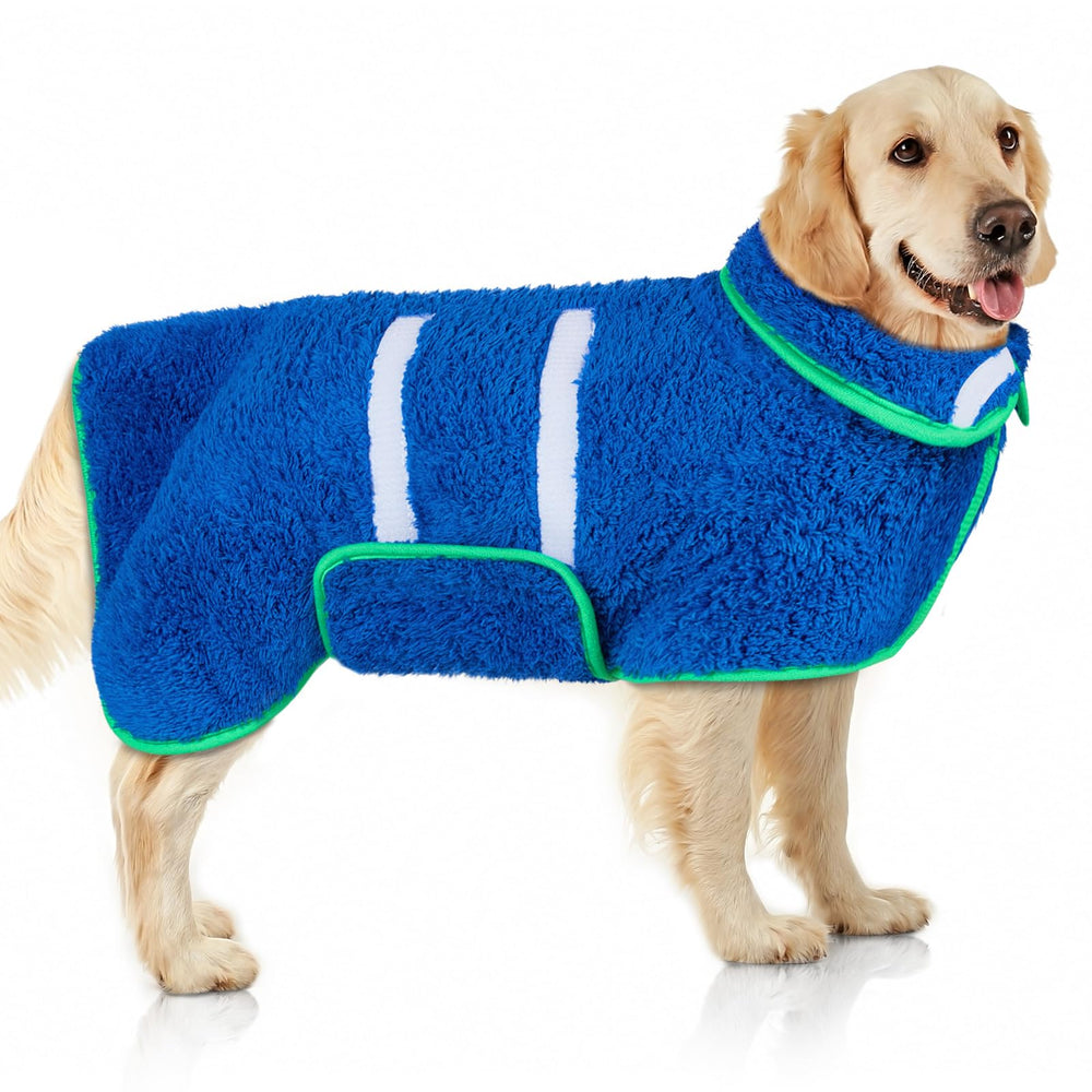 Unicorn Catcher dog bathrobe demonstrates quick post-bath drying with an absorbent towel.