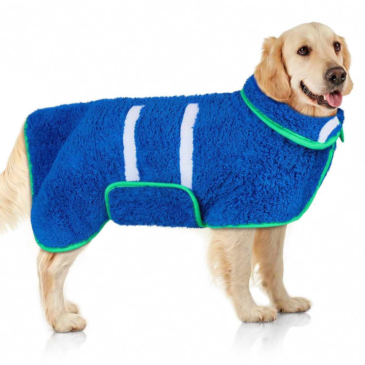 Unicorn Catcher dog bathrobe demonstrates quick post-bath drying with an absorbent towel.