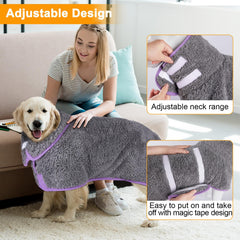 Unicorn Catcher dog bathrobe showing adjustable-sticker for easy fit