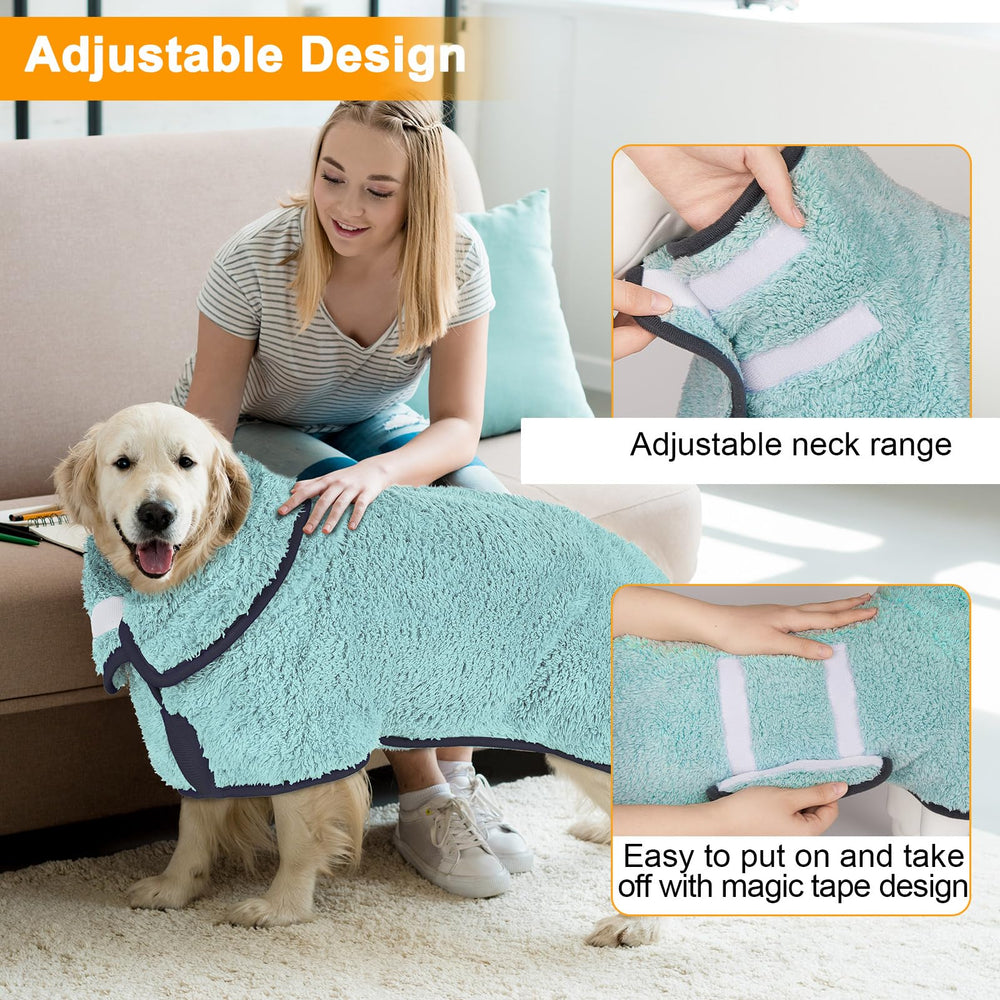 Unicorn Catcher dog bathrobe features adjustable magic-sticker for secure, hair-free fit.