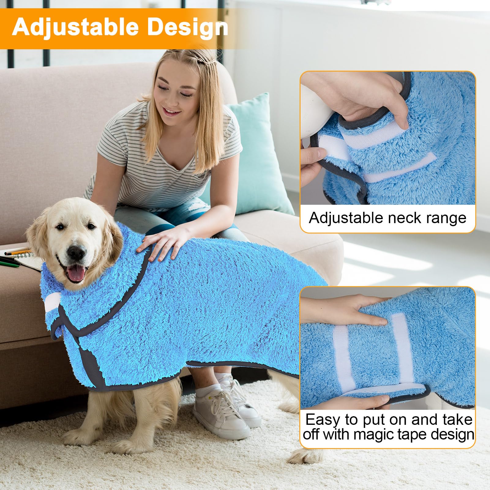 Unicorn Catcher dog bathrobe adjustable strap demonstrates easy fit and secure wear.