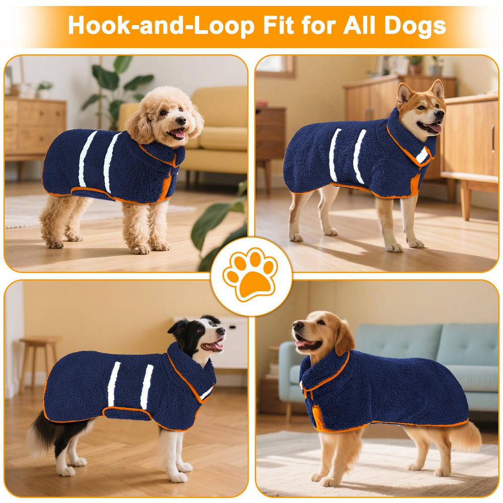 Unicorn Catcher Dog Bathrobe size range chart displays five fit options.