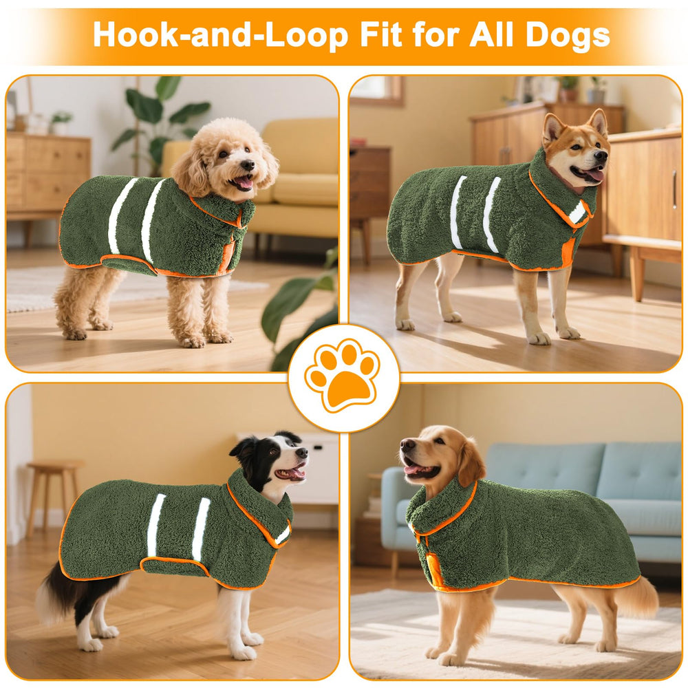 Unicorn Catcher dog bathrobe size range illustrating five sizes for different breeds.