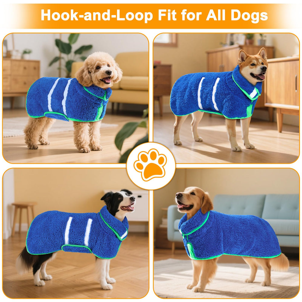 Unicorn Catcher dog bathrobe size-range shows S to XXL for various breeds.