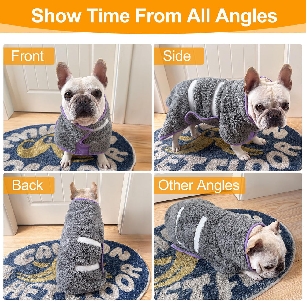 Unicorn Catcher dog bathrobe worn for winter warmth after baths.
