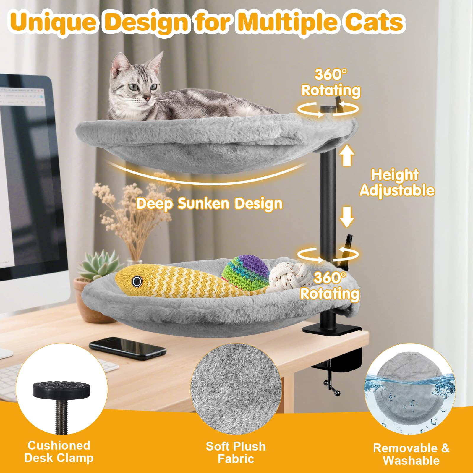 Unidevice Double Cat Desk Bed height adjustment aligns with eye level for comfort.
