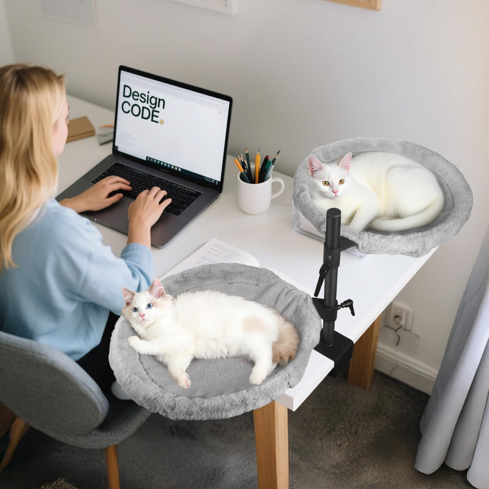 Unidevice Double Cat Desk Bed sunken nest mimics a cozy cave for calm naps.