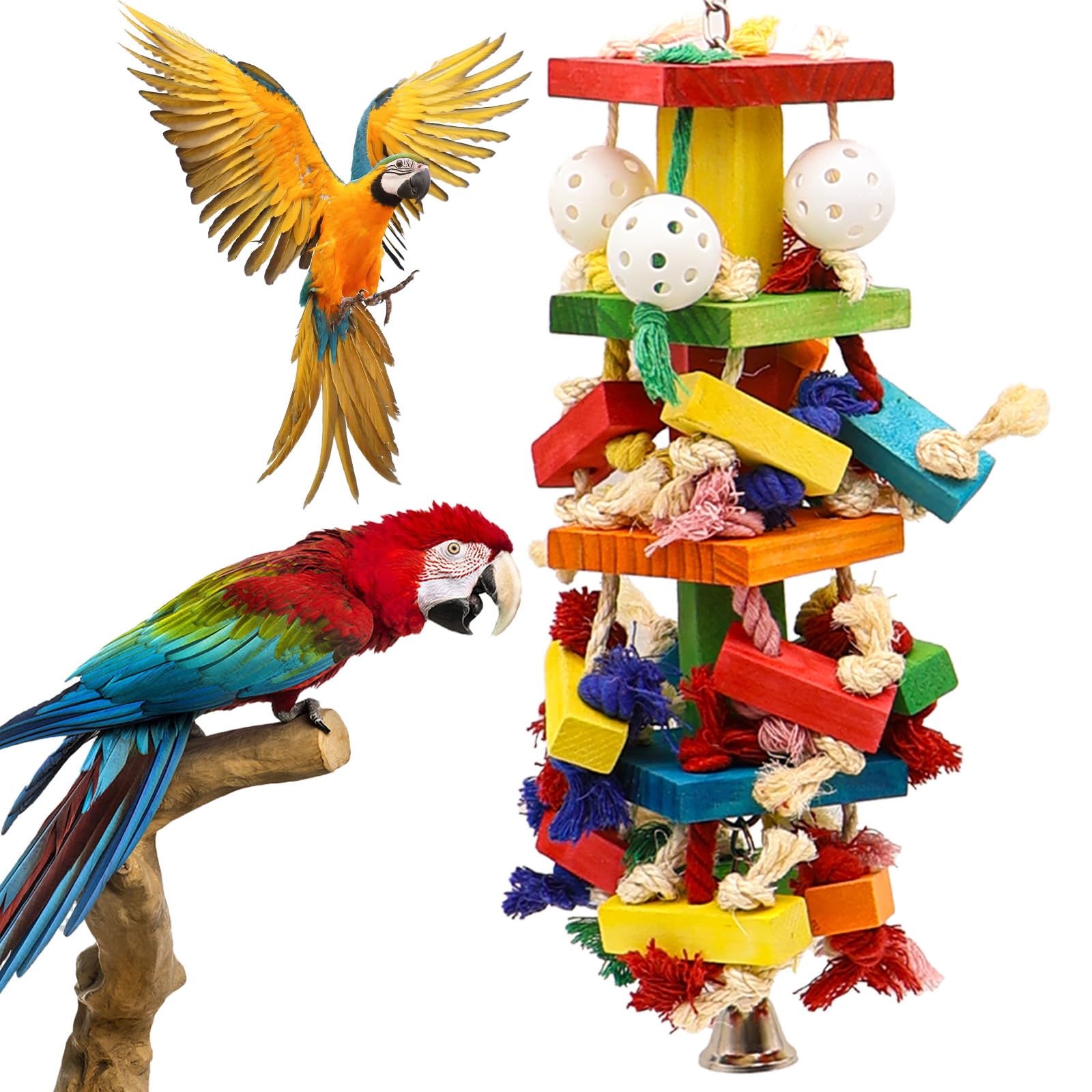 Unimaxlink parrot toy with wooden chew surface promotes beak maintenance and enrichment