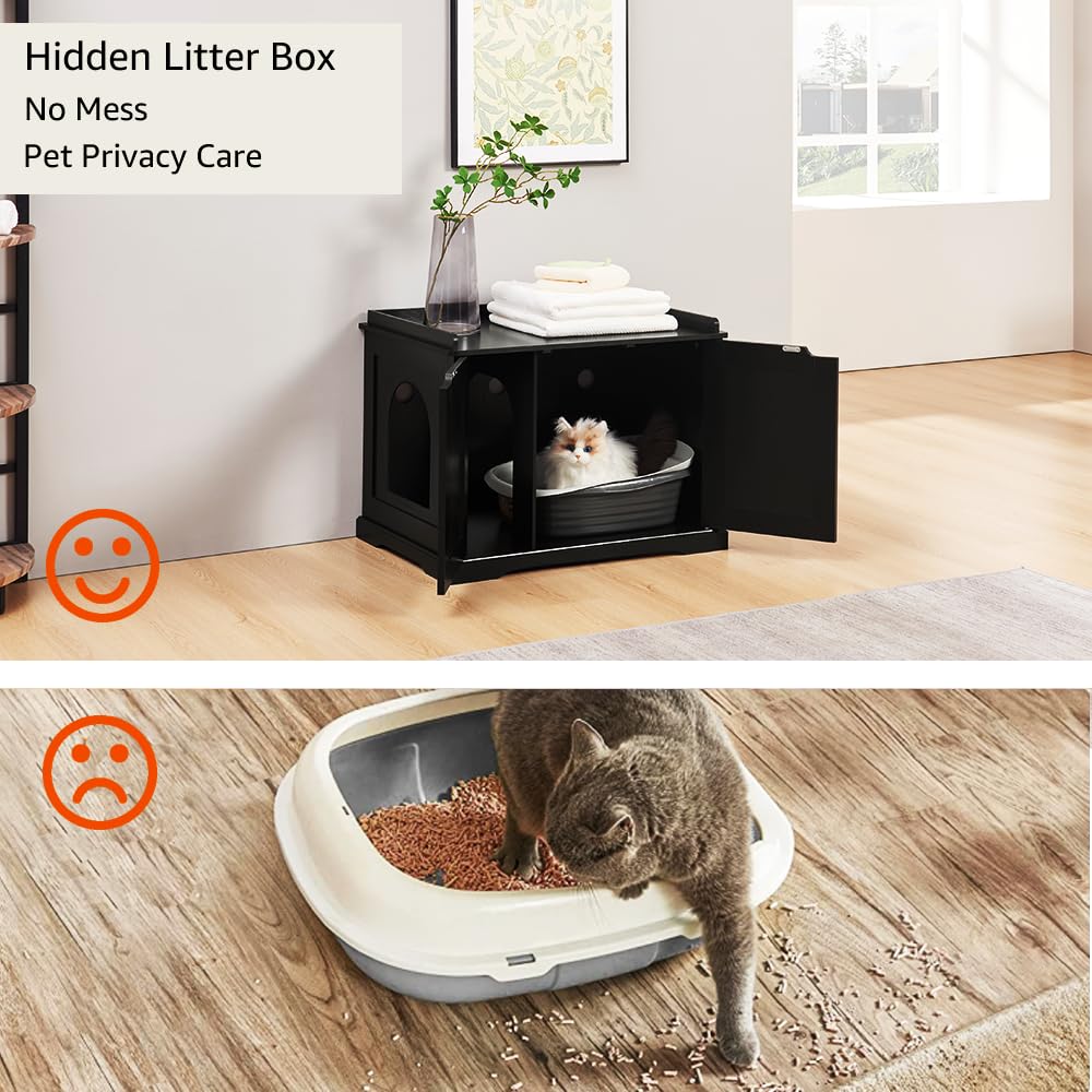 unipaws Black Cat Litter Box Enclosure durable wood construction supports typical litter boxes.