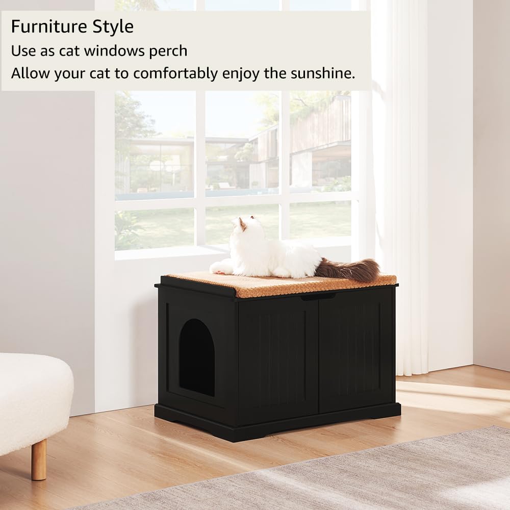 unipaws Black Cat Litter Box Enclosure top view highlights durable surface for decor and storage.