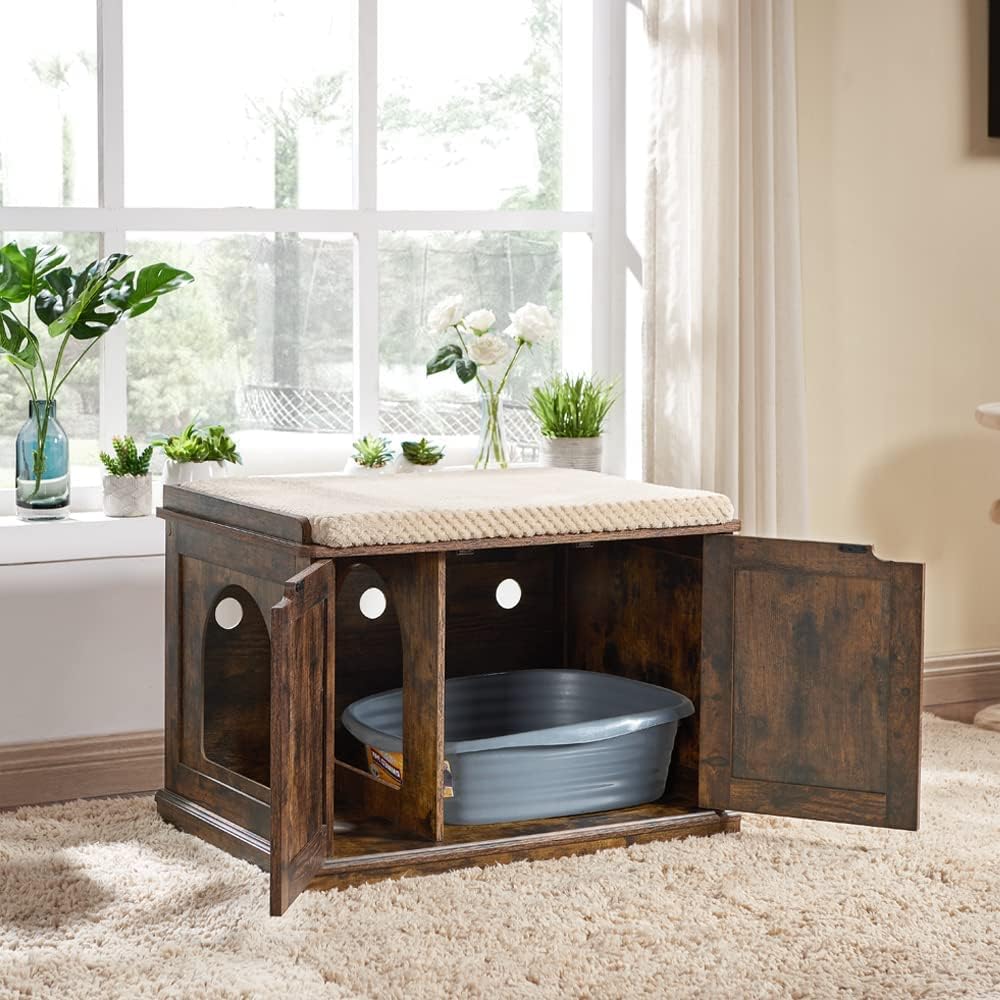 Unipaws cat litter box enclosure durable wood construction ready for daily use.