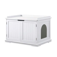 Unipaws cat litter box enclosure front view highlights discreet, stylish design with odor containment