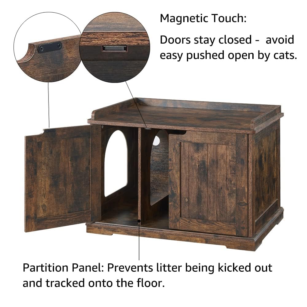Unipaws cat litter box enclosure top surface usage shows storage for kitty gear.