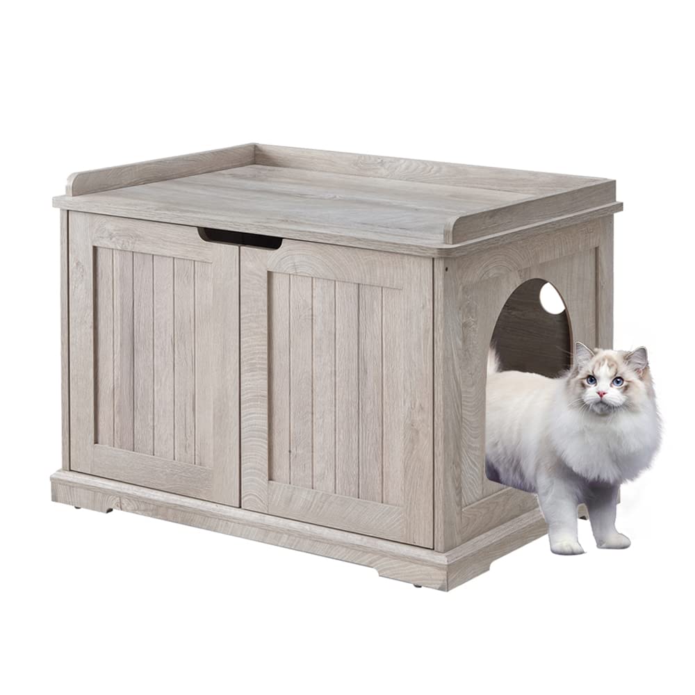 unipaws weathered grey litter box enclosure front view showing discreet hideaway and decor blend