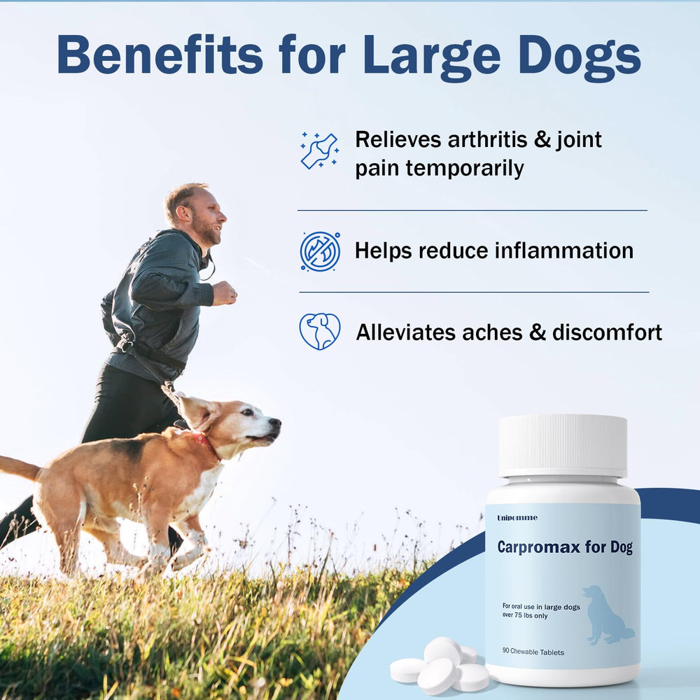 Unipomme Carpromax tablets closeup highlighting easy-to-swallow design and benefits.