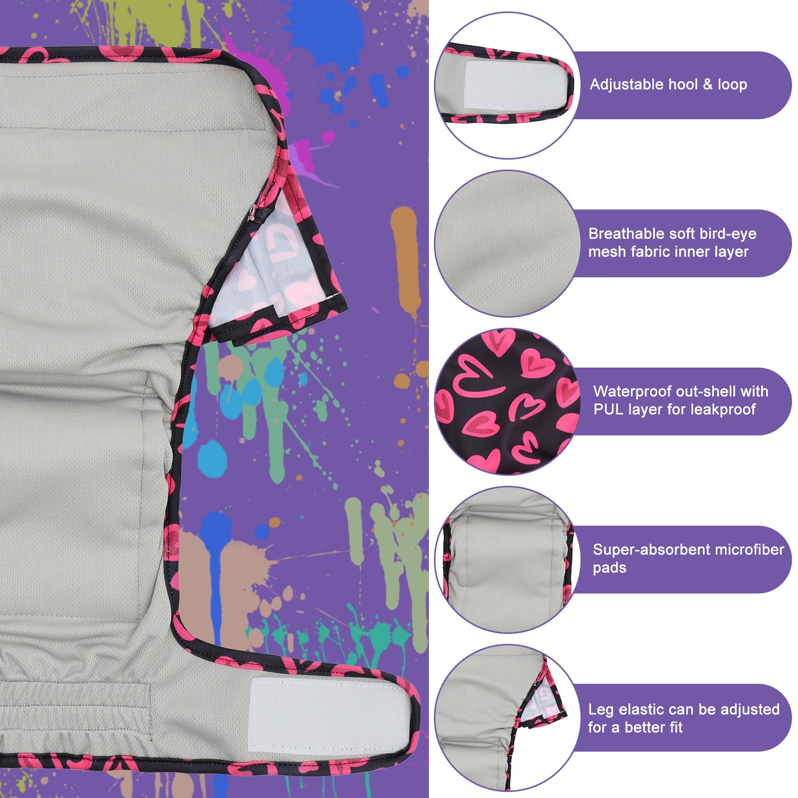 UNIPUP dock-tail dog diaper with adjustable closure demonstrates secure fit and quick changes.