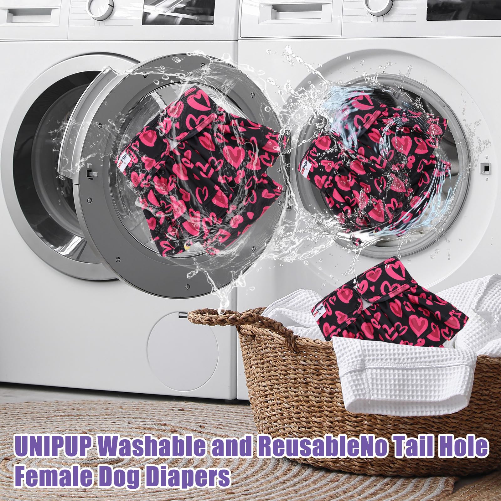 UNIPUP leak-proof PUL exterior on dog diaper illustrated for confident daily use.