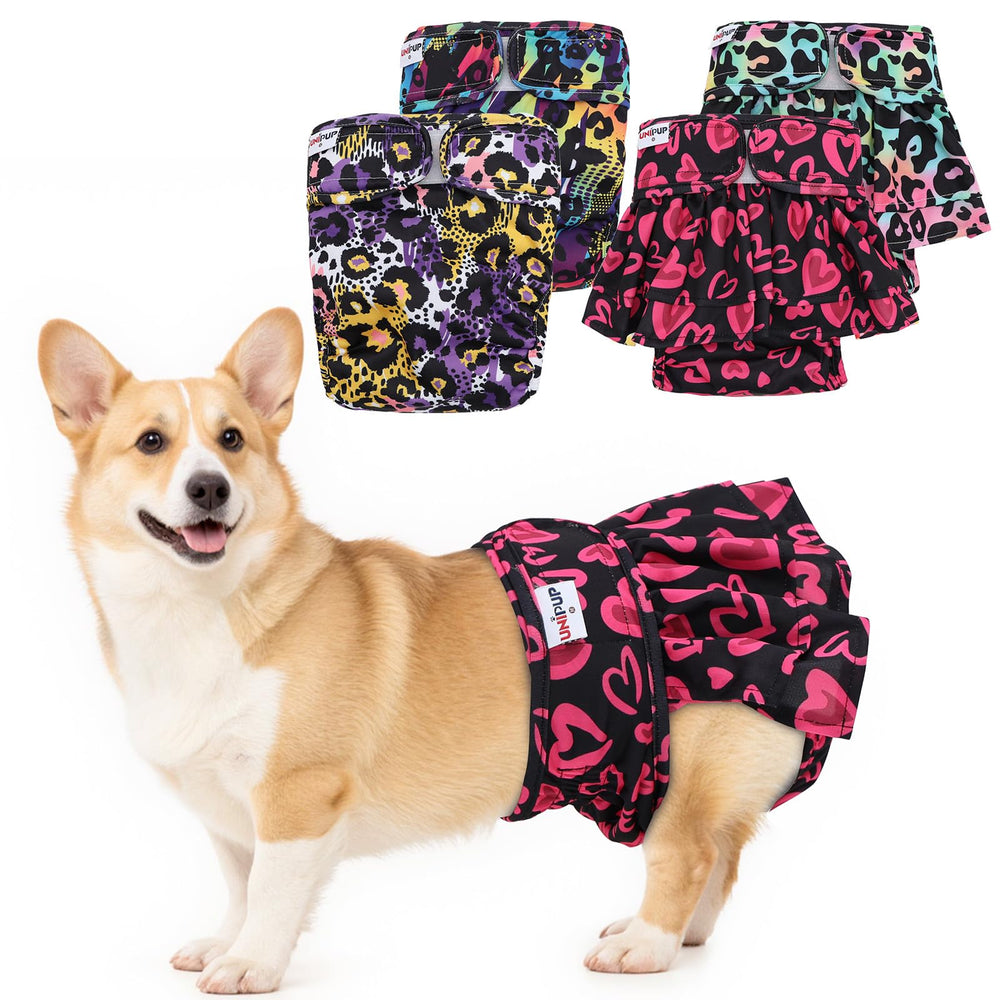 UNIPUP no-tail-hole diapers regular pack worn by a dog to prevent leaks.