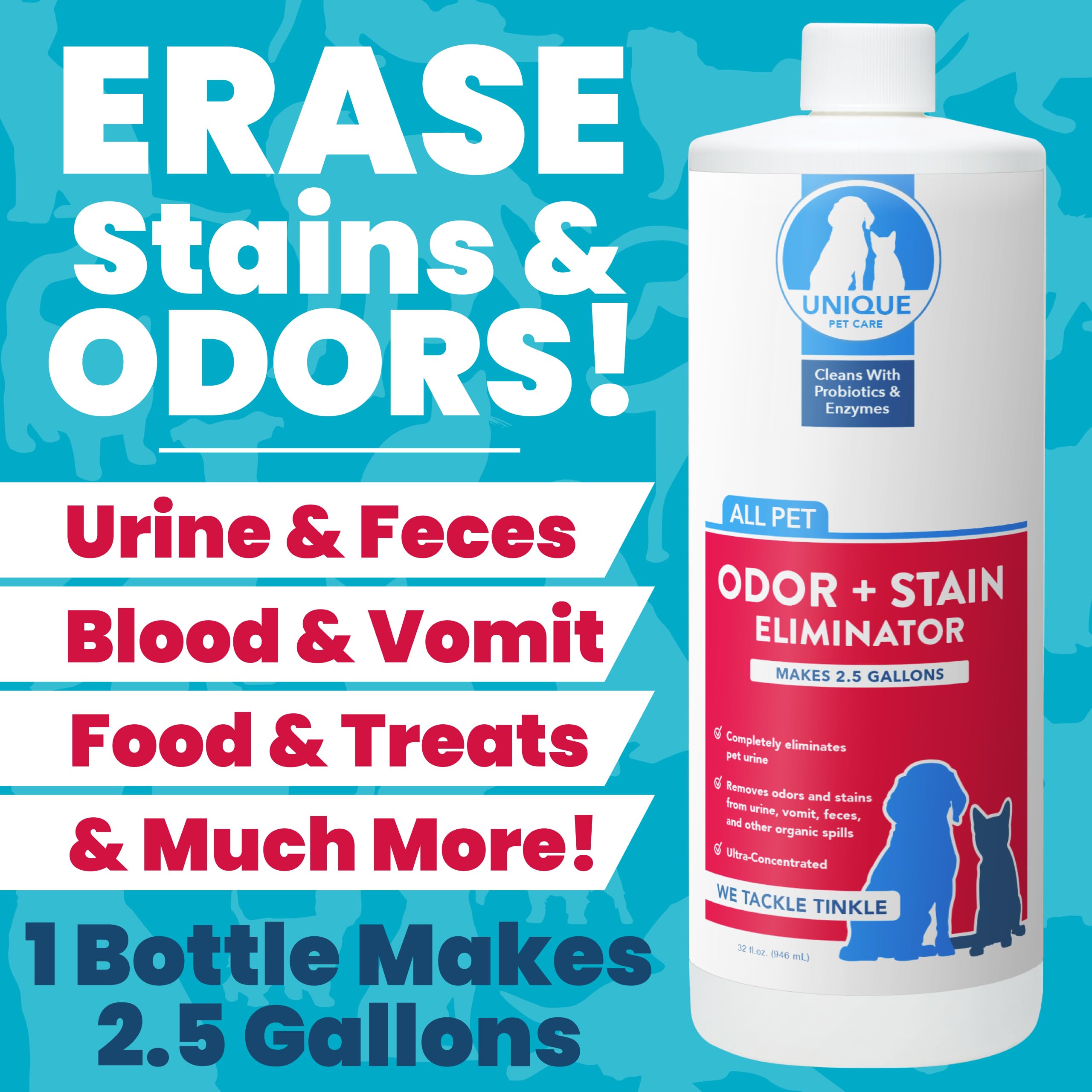 Unique Pet Odor Stain Eliminator label closeup shows USA-made, chemical-free promise