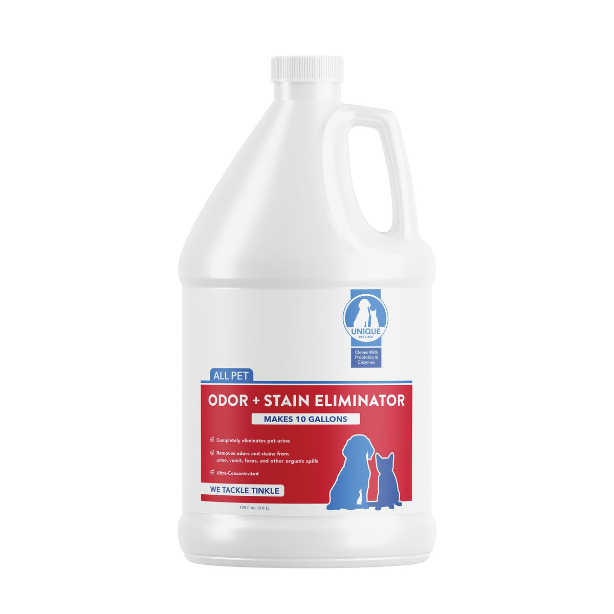 Unique Pet Odor Stain Eliminator 128oz bottle pour demonstrates deep cleaning for pet areas