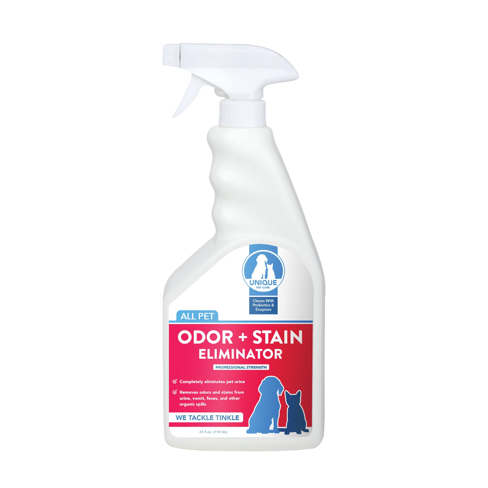 Unique Pet Odor Stain Eliminator bottle showing ready-to-use spray for odor and stain removal.