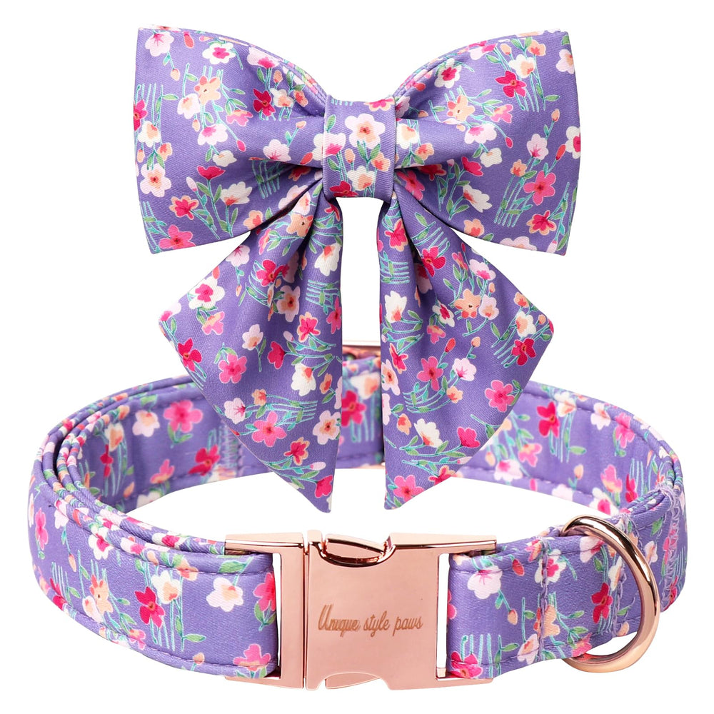 Unique Style Paws cartoon dog collar with bowtie and multiflower for small dogs, adorable everyday wear.