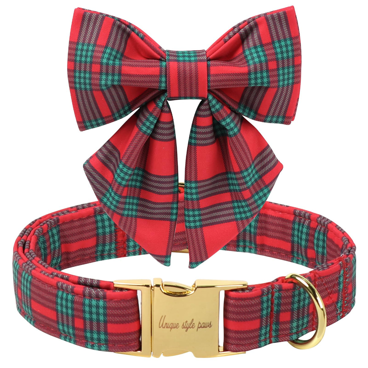 Unique Style Paws Christmas collar with bowtie in red-green plaid for festive looks.