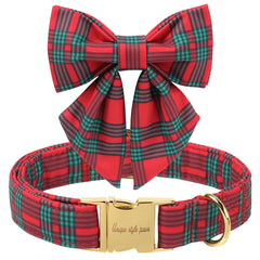 Unique Style Paws Christmas collar with bowtie in red-green plaid for festive looks.