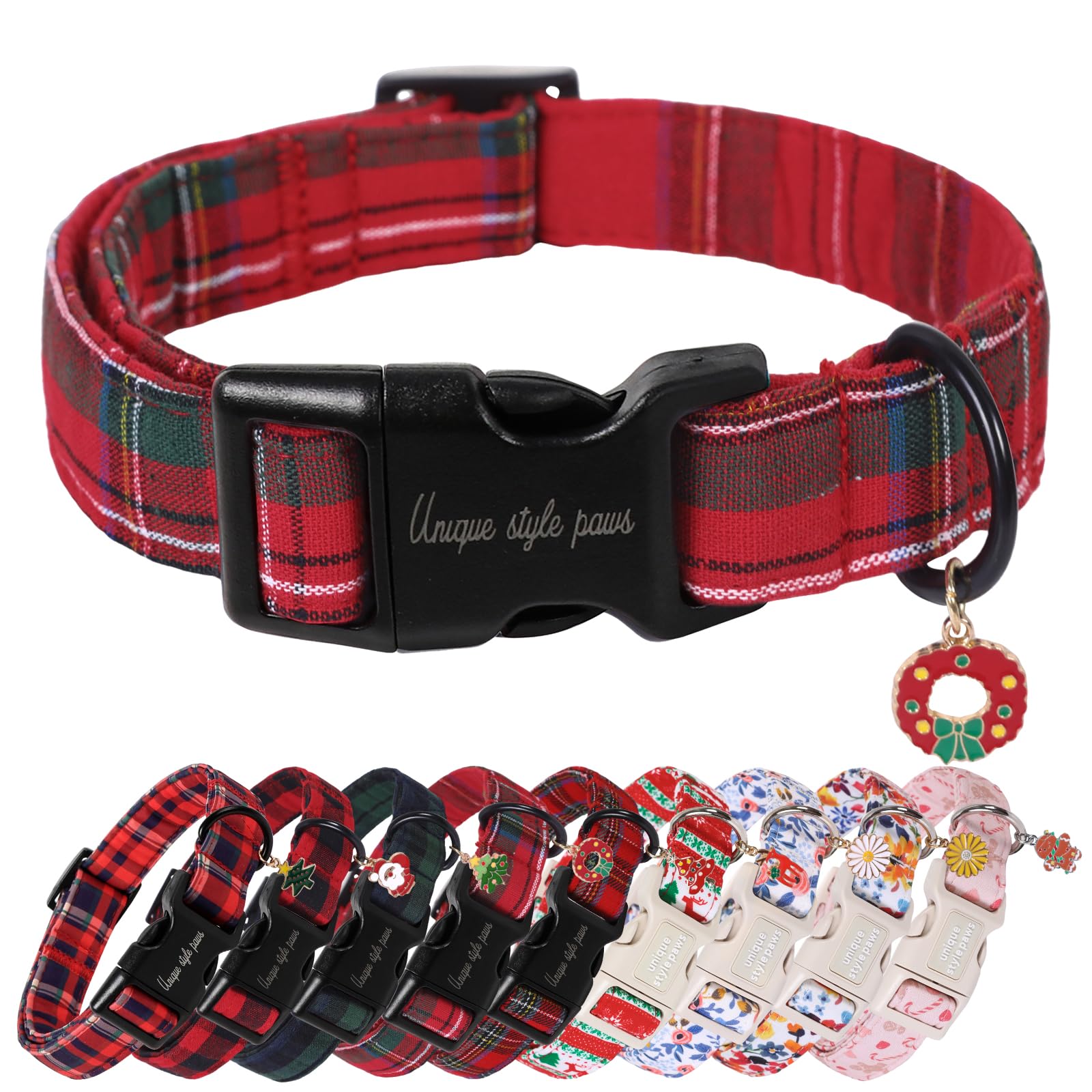 Unique Style Paws Christmas dog collar with pendant in red plaid for festive walks