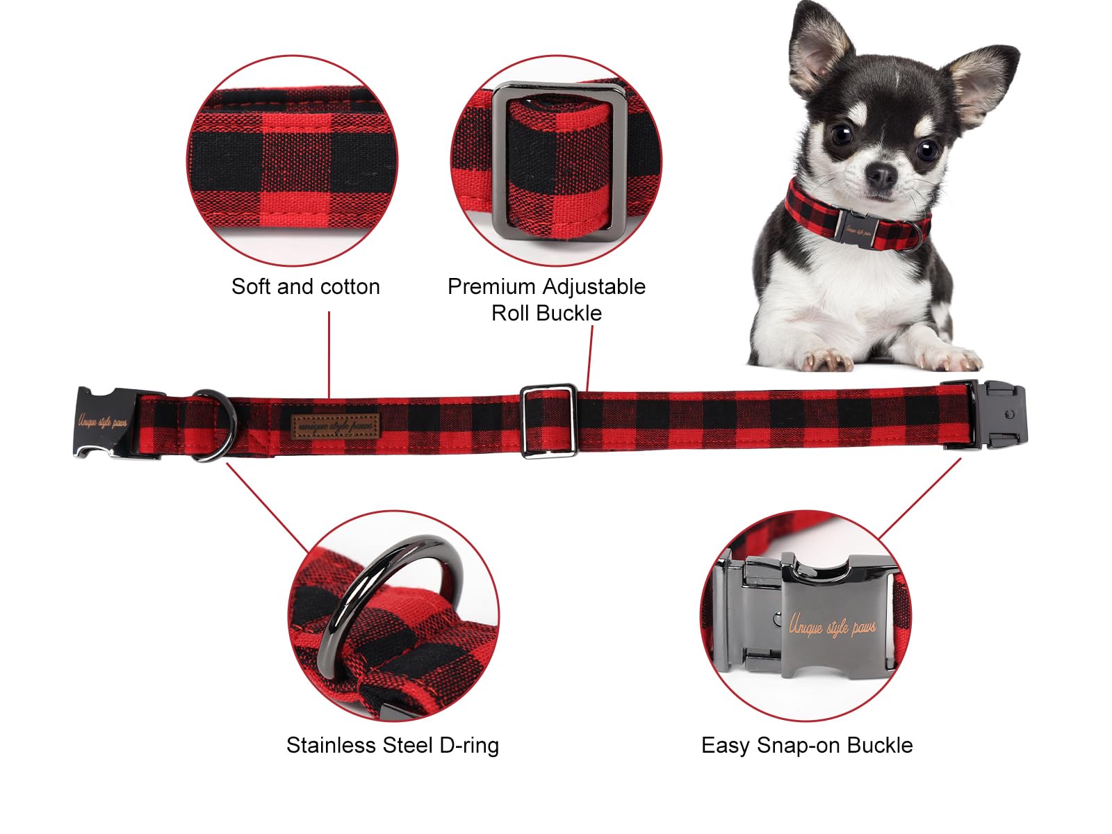 Unique style paws red plaid D-ring and double-stitch durability for daily wear.