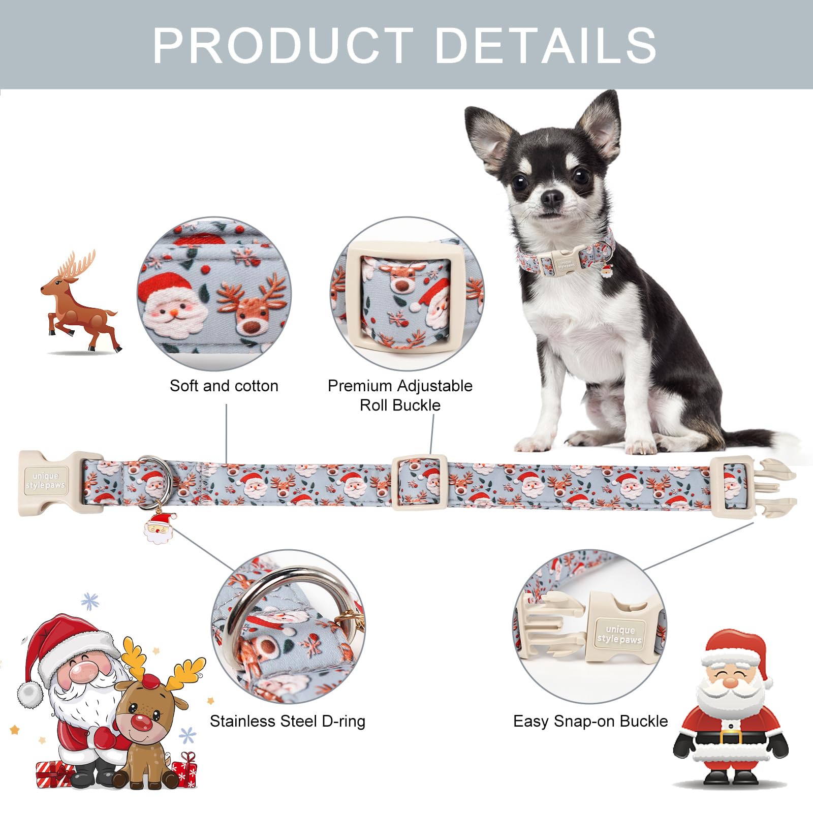 Unique Style Paws Christmas dog collar with festive pattern bow for holiday photos.