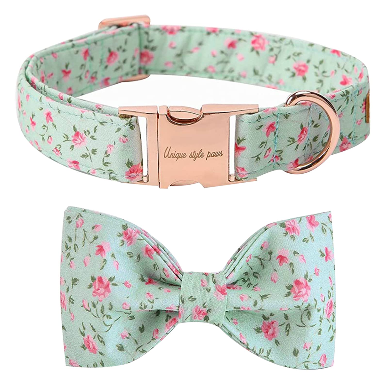 Unique Style Paws cotton dog collar bow green flower close-up for soft comfort.