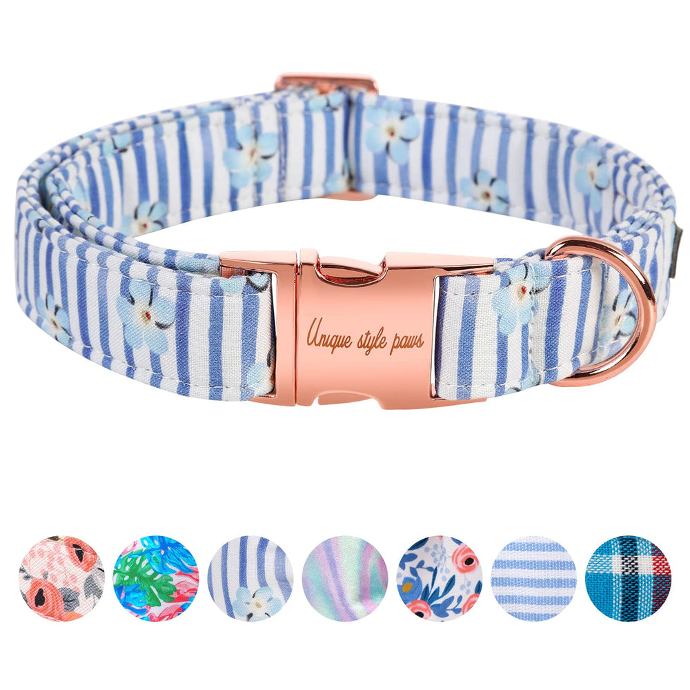 Unique Style Paws dog collar with metal buckle in blue striped flower design for durable daily wear