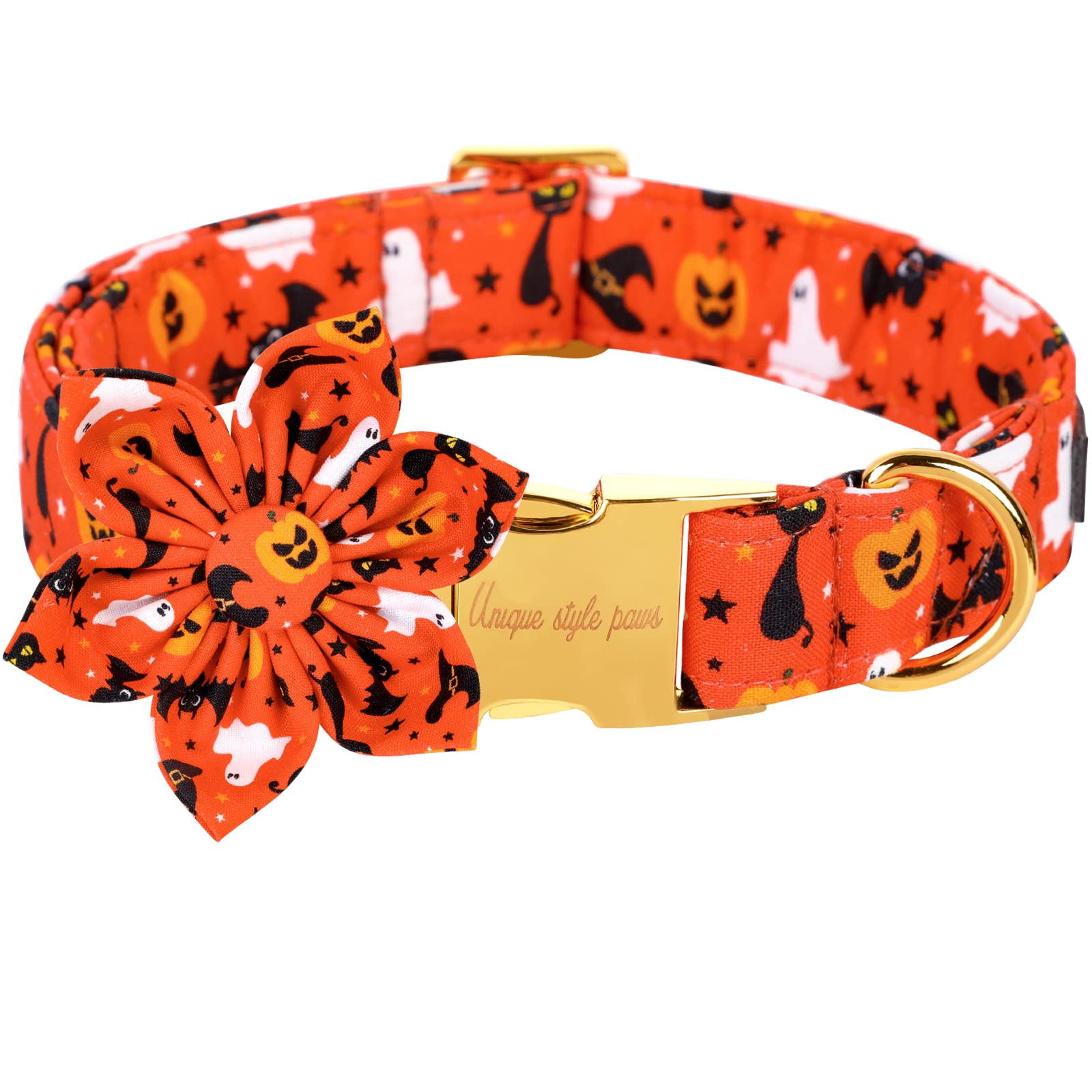 Unique style paws Halloween dog collar with flower tie close-up shows soft cotton and durable D-ring