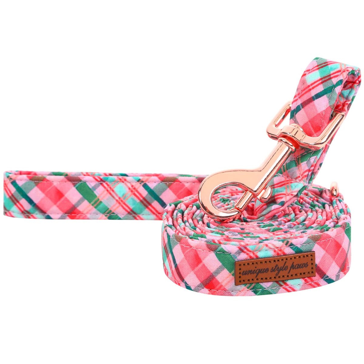 Unique style paws pink green grid leash shows soft cotton for comfortable daily walks.